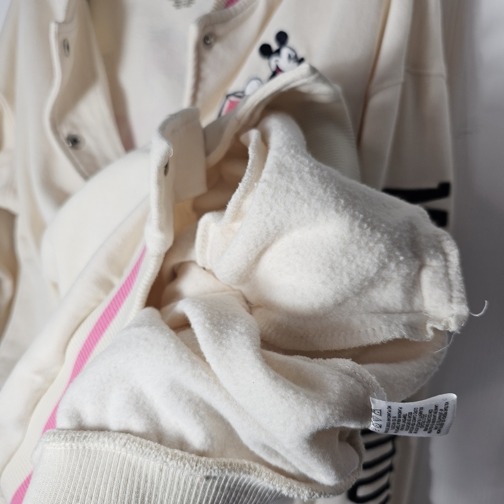 DISNEY MICKEY MOUSE XL Bomber Varsity Embroidered Jacket Pink Ivory Buttoned - Picture 12 of 13